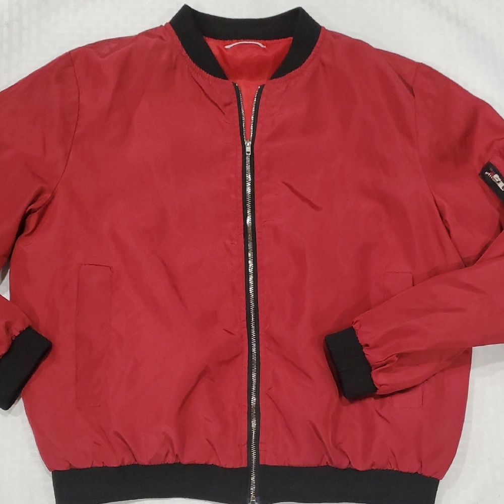 Kids Red Bomber Jacket with Black Trim - Picture 2 of 8